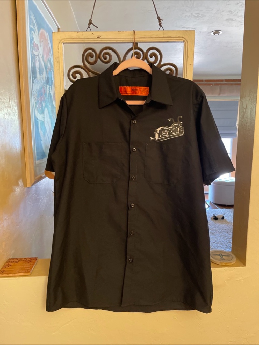 Red Kap Men's Black Short-Sleeve Button-Down Shirt with Subtle Car Graphic